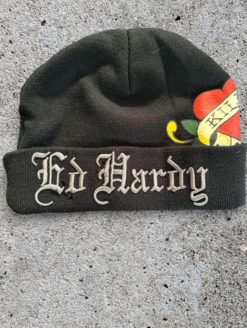 Ed Hardy Classic Love Kills Slowly Black Beanie Heart Skull Tattoo Unisex